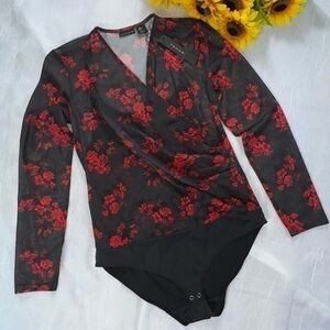 Tahari My Perfect Shape Black and Red Floral Long Sleeve Bodysuit, NWT, Medium